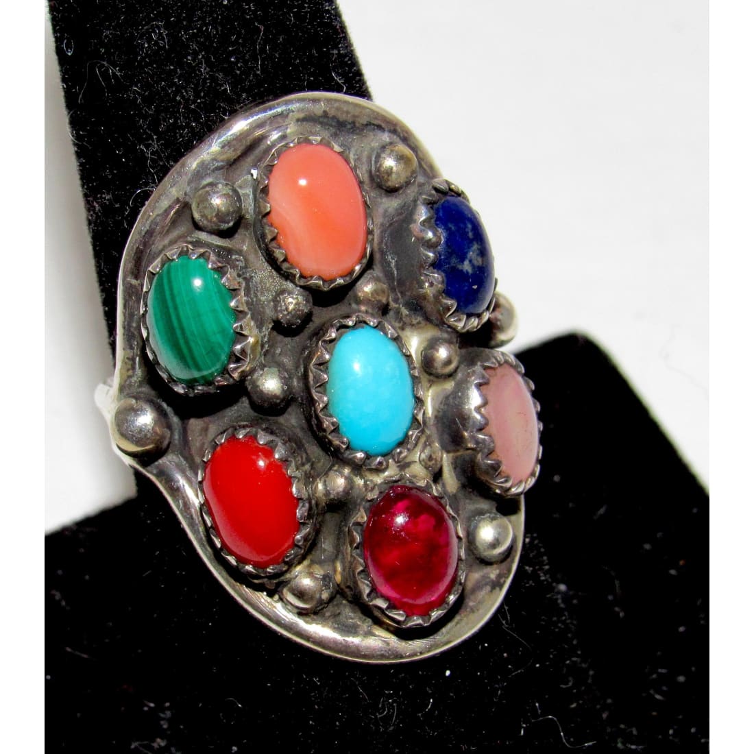 Navajo Cluster Ring Sz 9 Sterling Silver Turquoise Coral Spiny Oyster Lapis