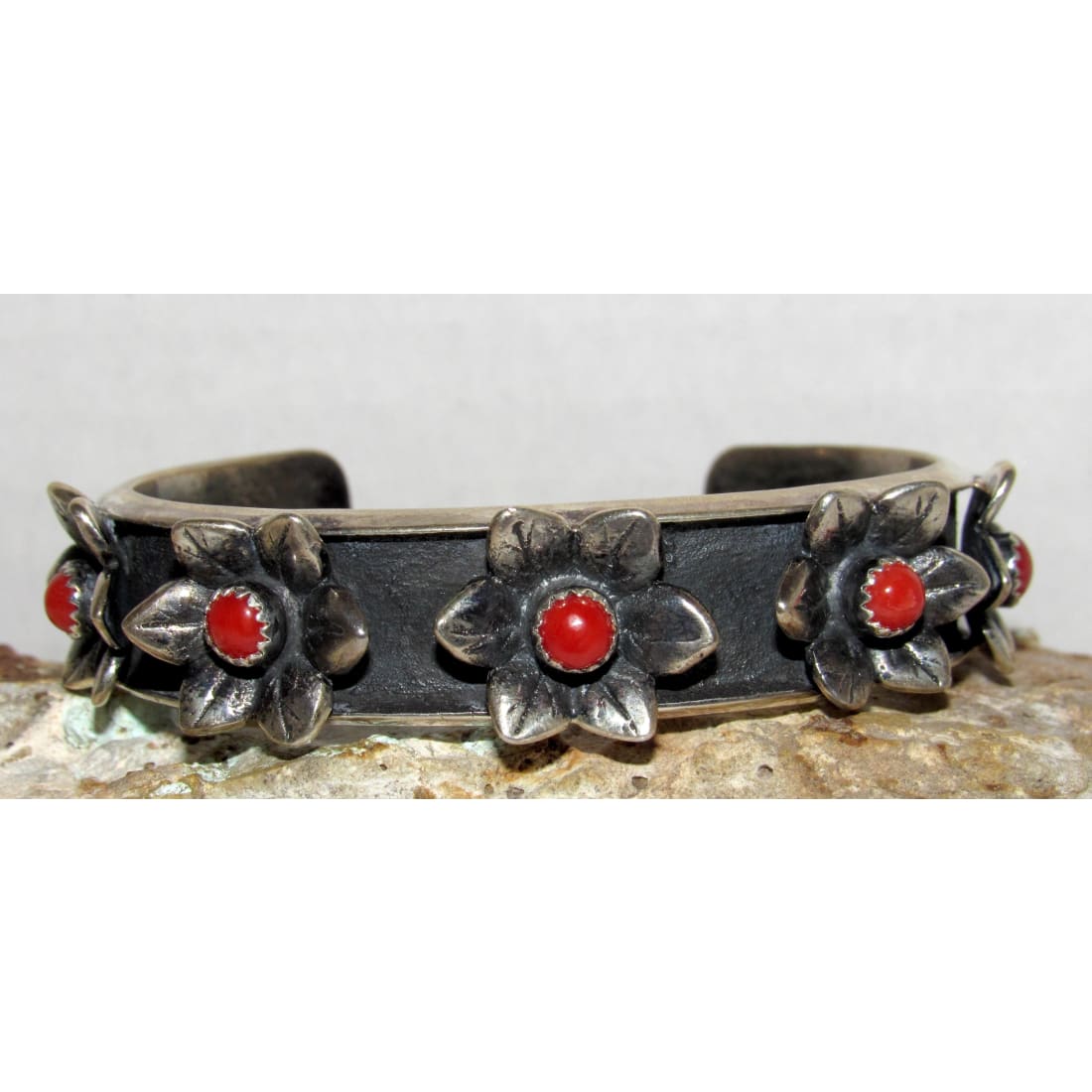 Navajo Sterling Silver Red Coral Flower Blossom Statement Cuff Bracelet M. Tom