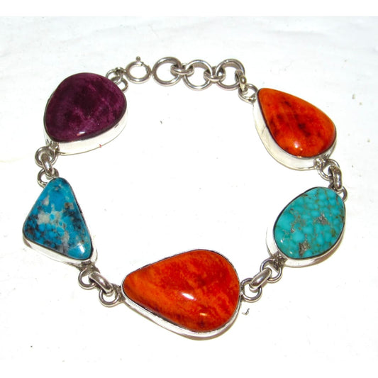 Navajo Turquoise Orange Purple Spiny Adjustable Link Bracelet Sterling J. Yazzie
