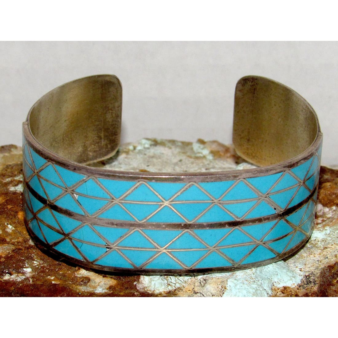 Old Pawn Zuni Inlay Statement Cuff Bracelet Turquoise Sterling Silver Signed