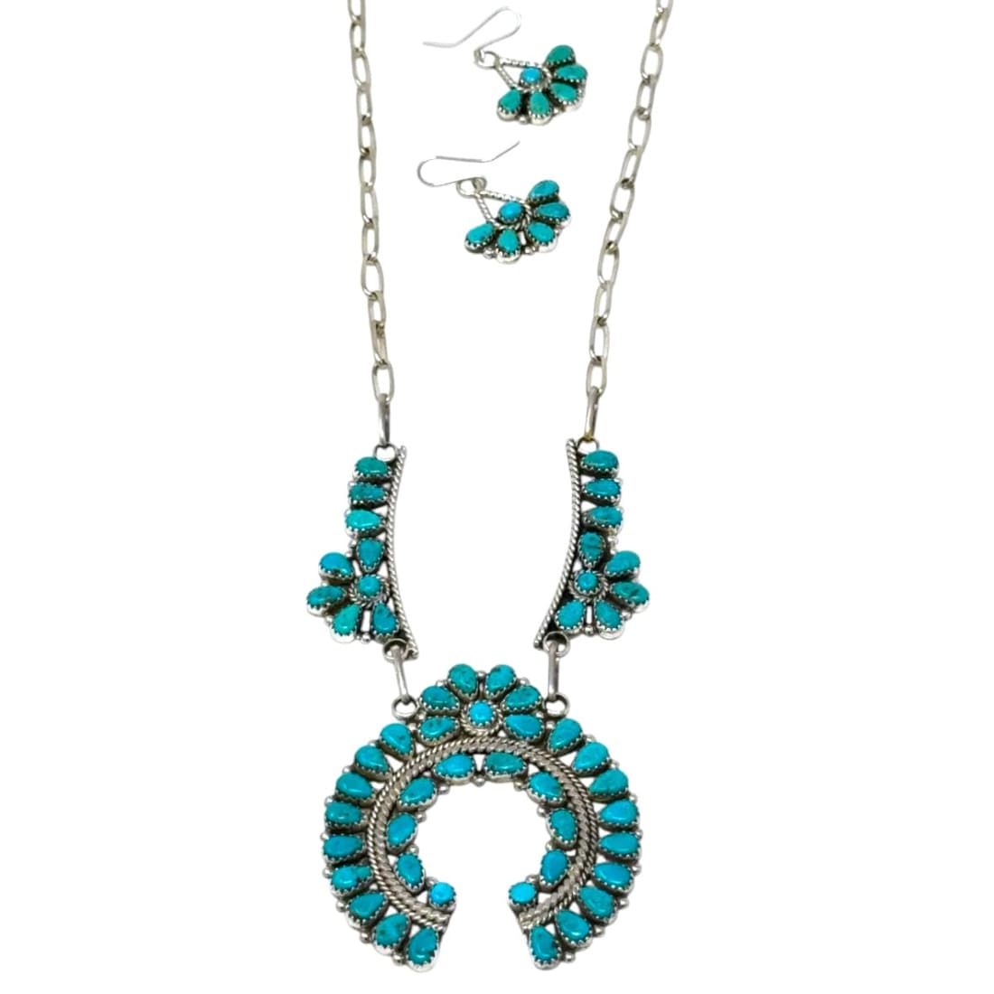 Navajo Turquoise Cluster Naja Squash Blossom Necklace & Earrings Set Sterling Nez