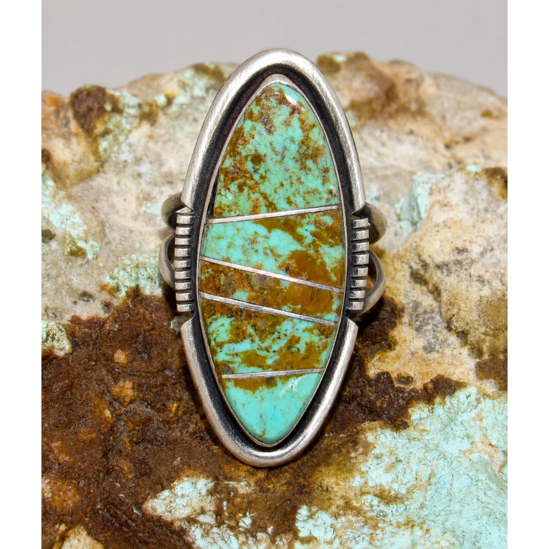 Navajo Number 8 Turquoise Inlay Ring Sz 8 Sterling Silver Steve Francisco