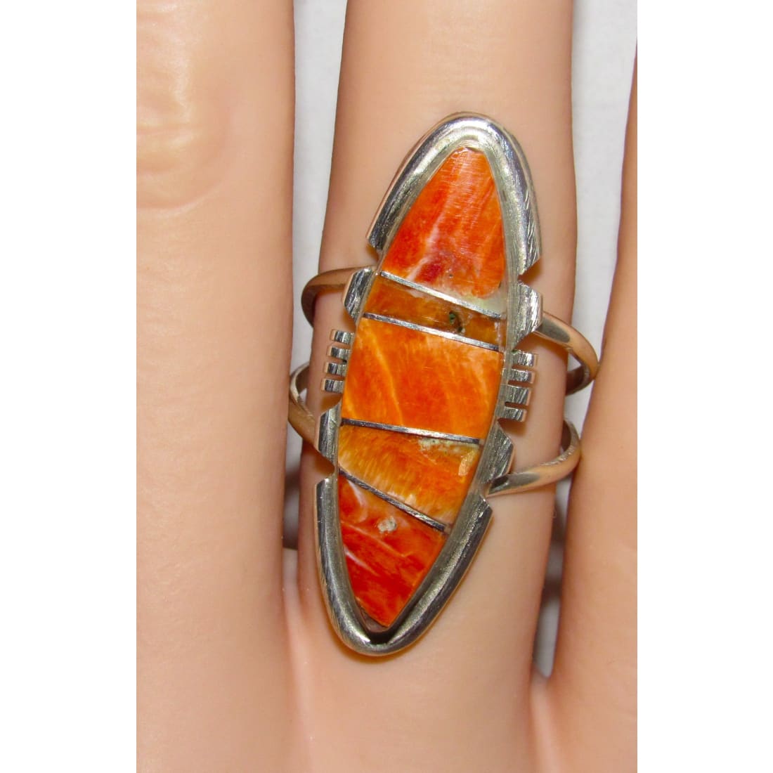 Navajo Orange Spiny Inlay Ring Sz 7 Sterling Silver E. Yazzie