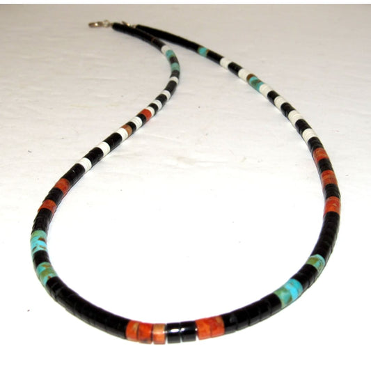 Navajo Rolled Jet,Turquoise Coral Heishi Choker Necklace Native American 18"L