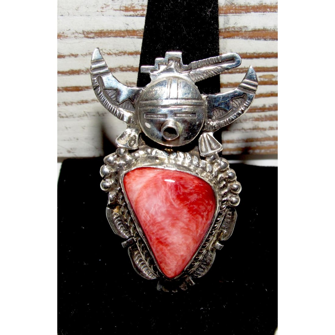 Large Navajo Kachina Ring Sz 11 Bennie Ration Red Orange Spiny Sterling