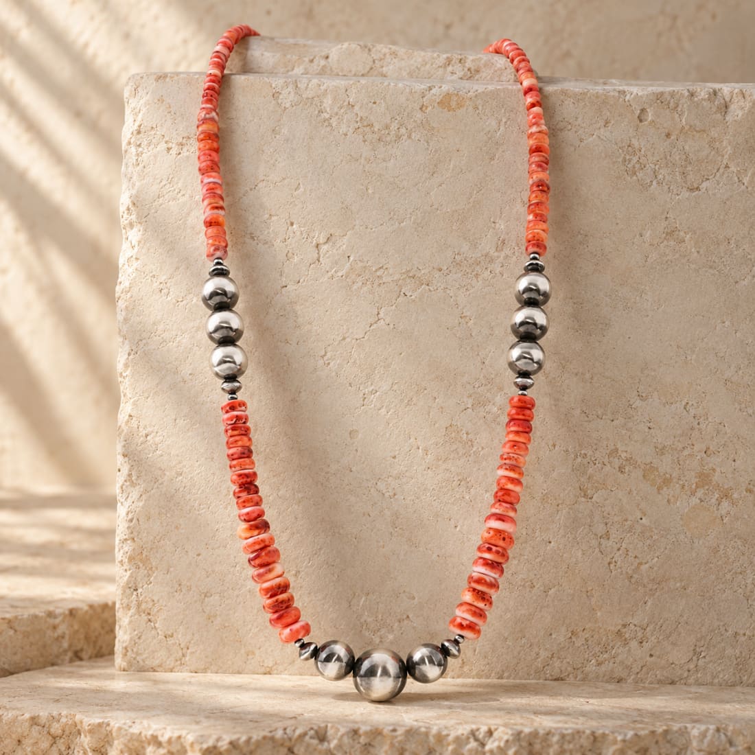 Navajo Pearls Orange Spiny Heishi Necklace Sterling Silver Native American