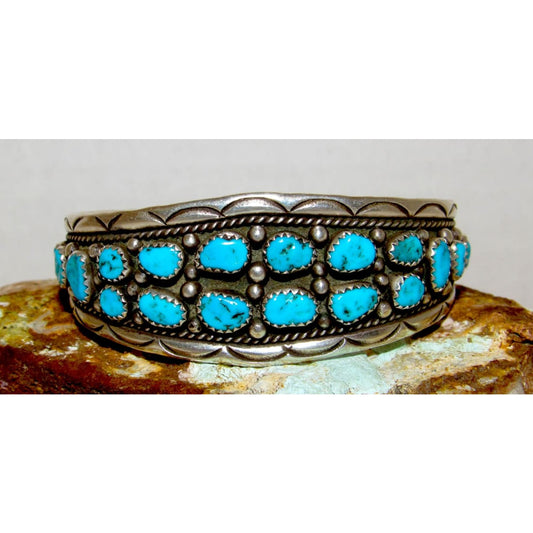 Vintage Navajo Kingman Turquoise Cluster Cuff Bracelet I. Chee Sterling Silver