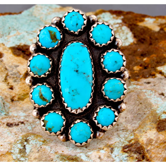 Navajo Turquoise Cluster Ring Sz 9 Sterling Silver Native American