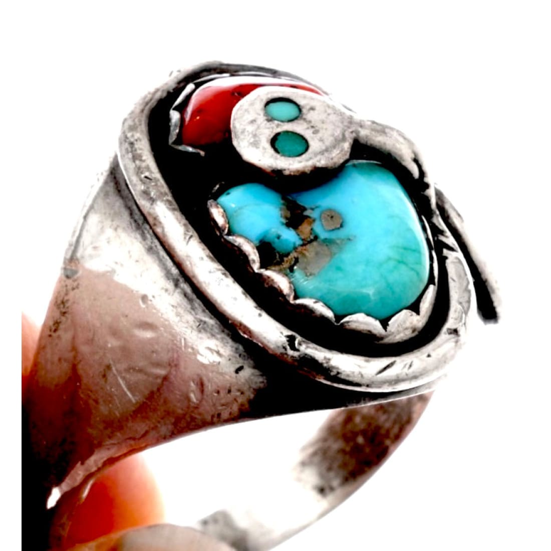 VTG Zuni Snake Ring Sz 10.5 Turquoise Coral Sterling Silver Effie Calavaza