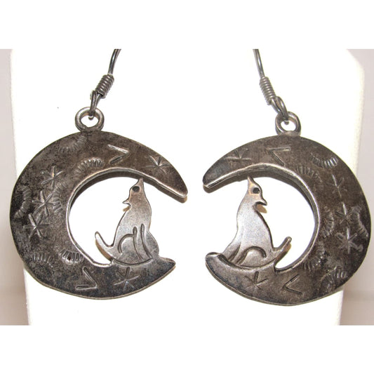 Vintage Taxco Mexican Silver Coyote & Moon Statement Dangle Earrings