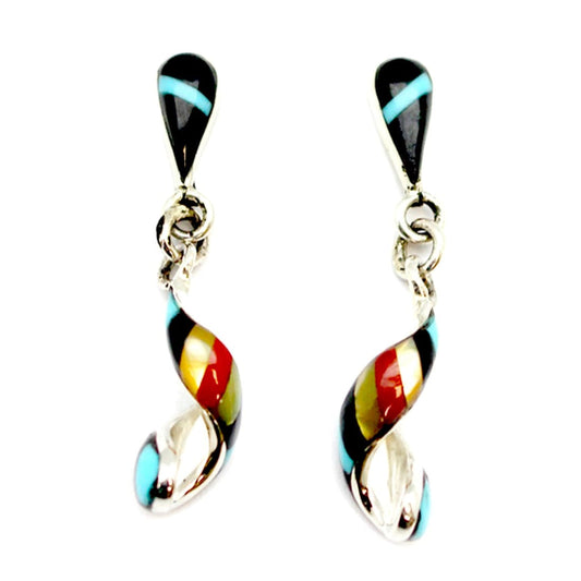 Zuni Inlay Spiral Hoop Earrings Turquoise Coral MOP Sterling Silver Edaakie