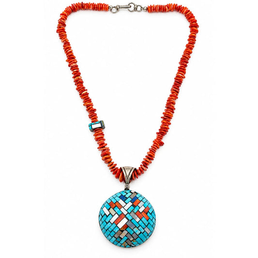 Vintage Charlene Reano Mosaic Inlay Necklace Kewa Santo Domingo Turquoise Coral