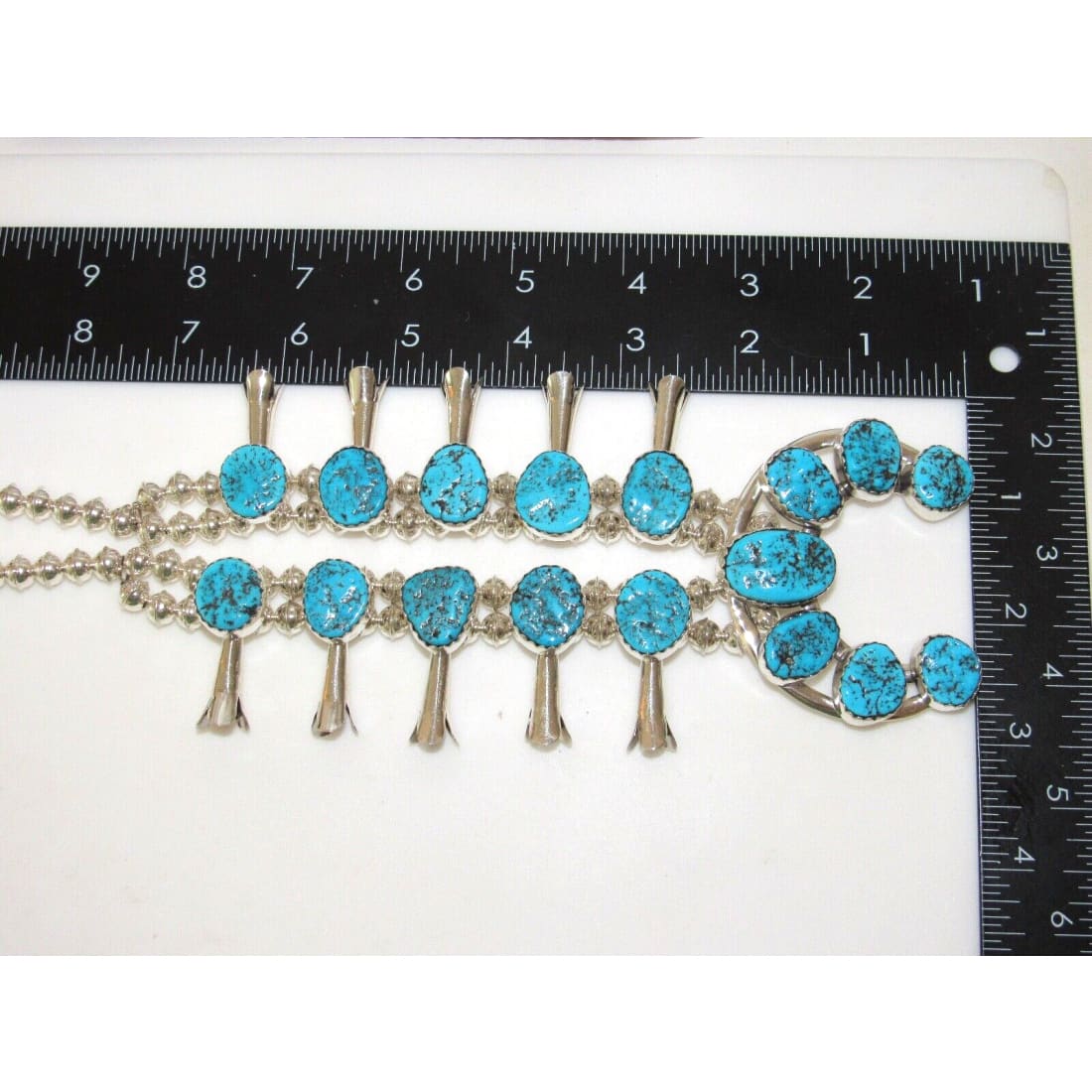 Navajo Squash Blossom Necklace Kingman Turquoise Necklace Sterling Silver