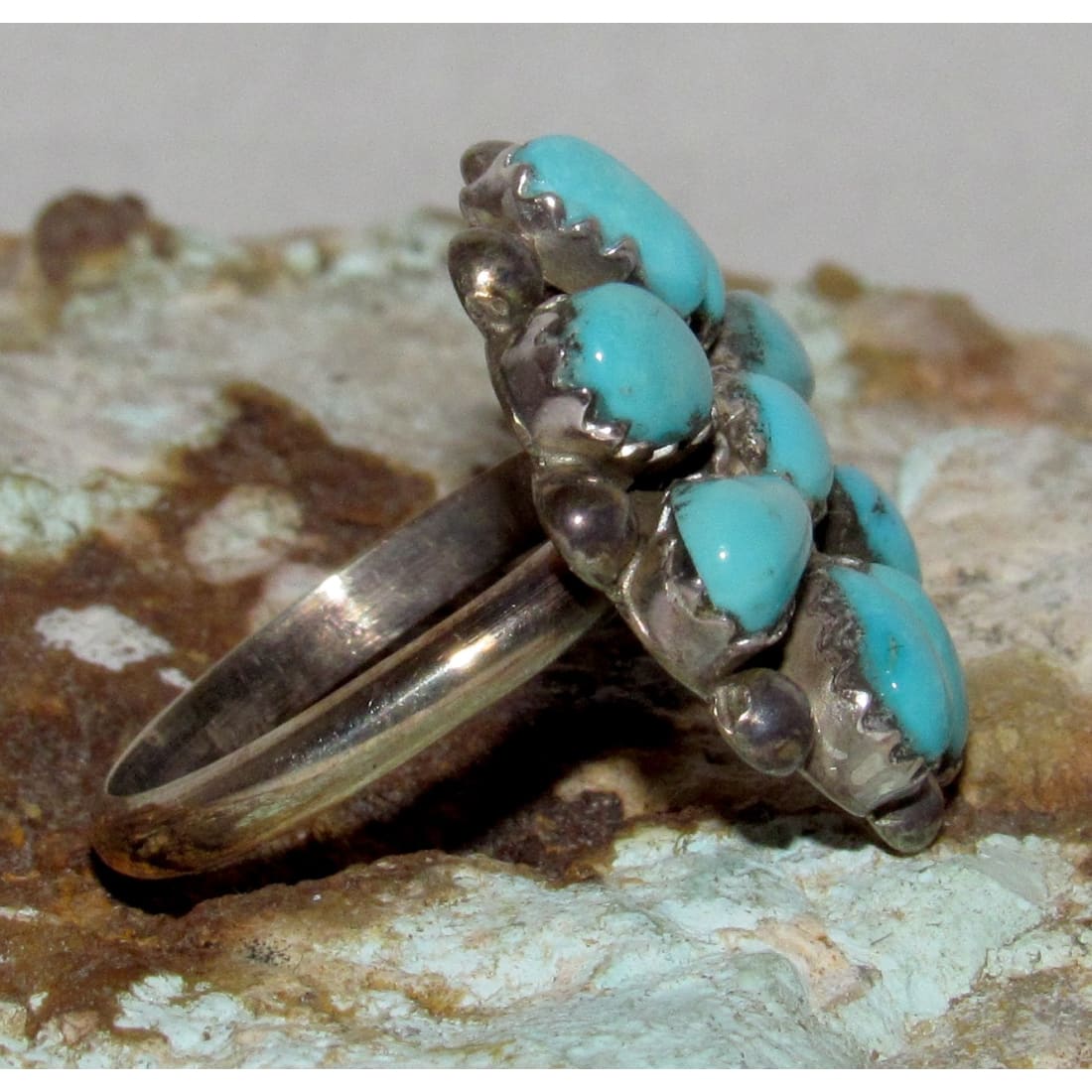 Navajo Blue Royston Turquoise Cluster Ring Sz 7 Sterling Silver M. Apachito