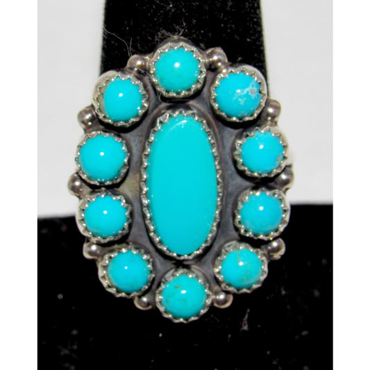 Navajo Turquoise Cluster Ring Sz 7 Sterling Silver Native Signed