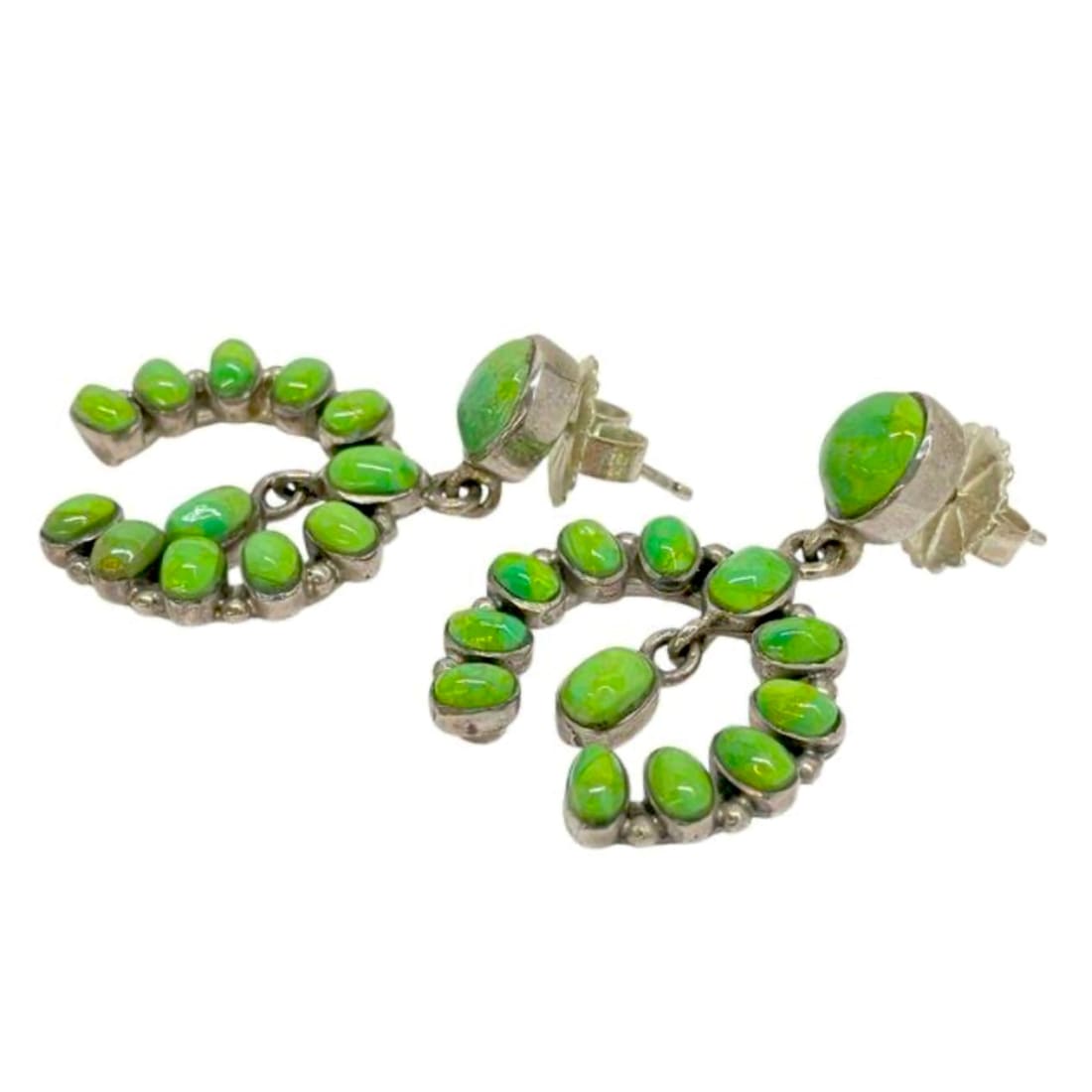 Vintage Navajo Green Valley Turquoise Cluster Naja Dangle Earrings Sterling Silver