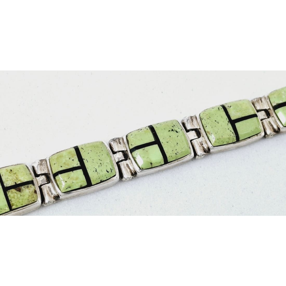 Vintage Navajo Gaspeite Onyx Inlay Link Bracelet Sterling Silver Calvin Begay TSF