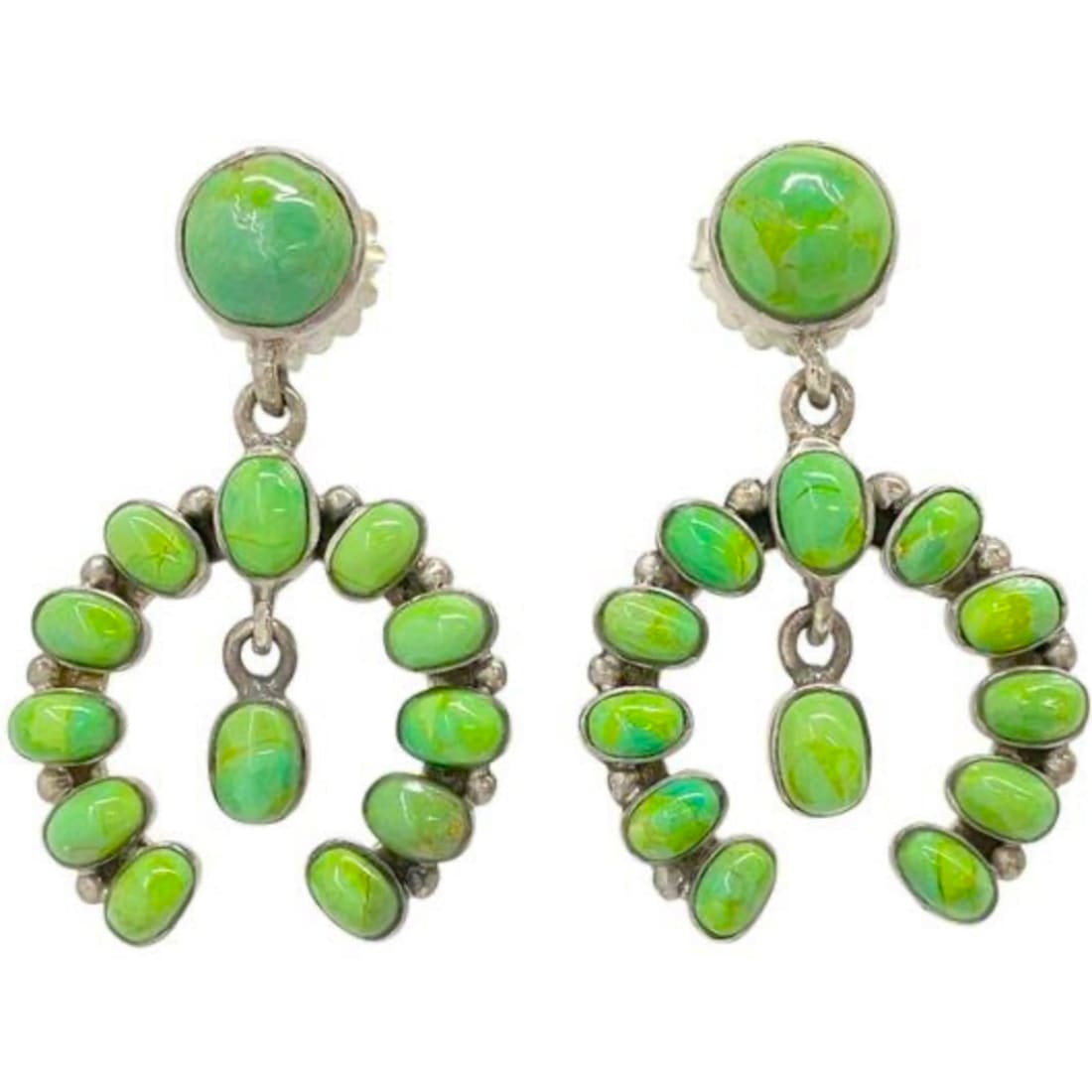 Vintage Navajo Green Valley Turquoise Cluster Naja Dangle Earrings Sterling Silver
