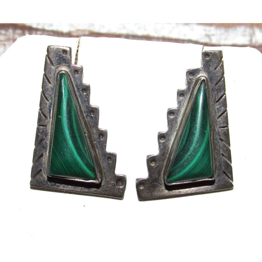 Vintage Zuni Malachite Post Earrings Ingot Sterling Silver l. Harrison Signed