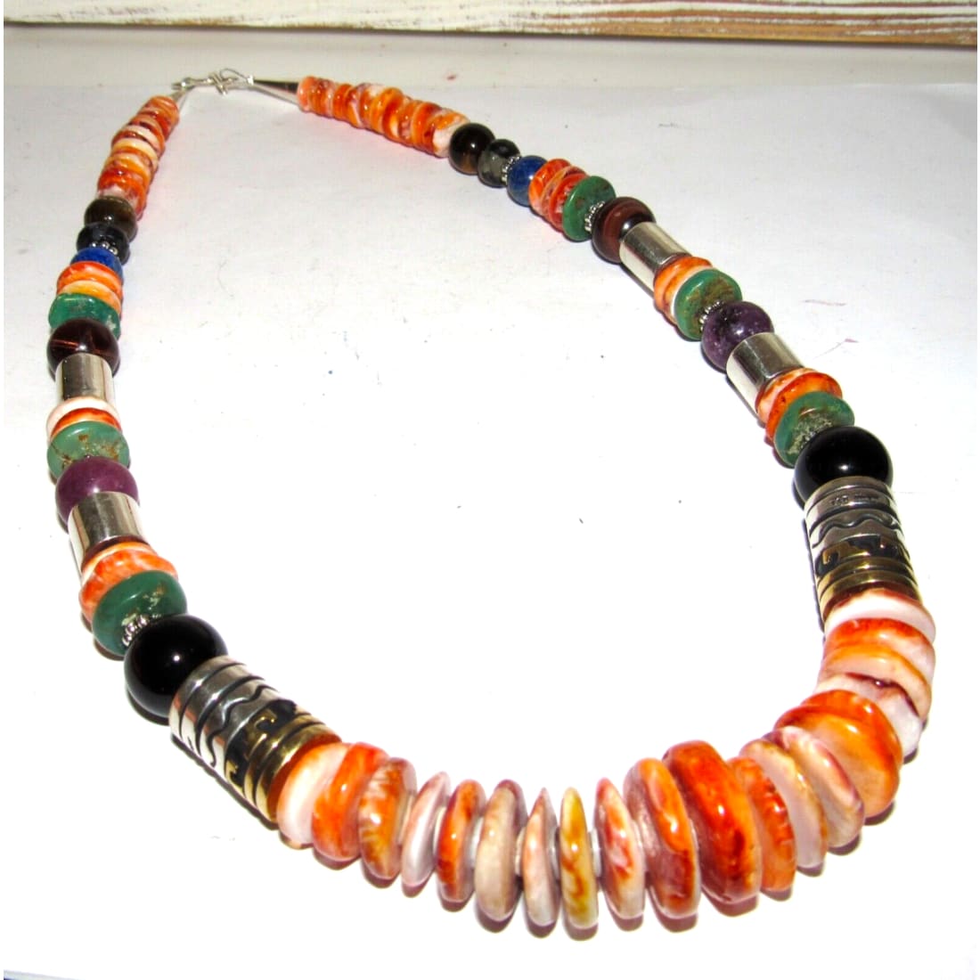 Navajo Tommy Singer Orange Spiny Oyster Necklace Sterling Silver 12K Gold 20"