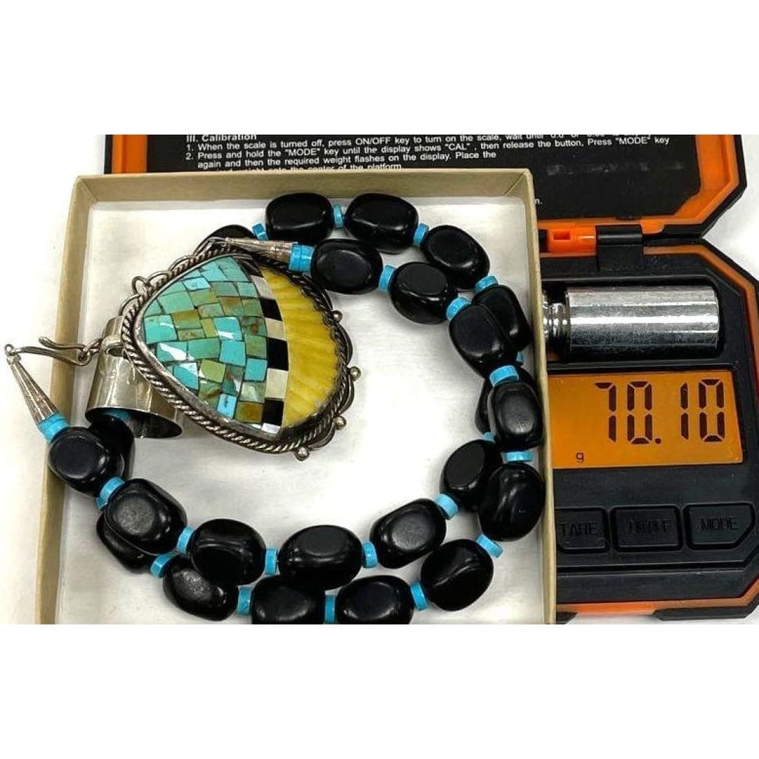 Joseph Tenorio Santo Domingo onyx necklace with turquoise and yellow stone inlaid pendant by The Southwestern Style Gallery
