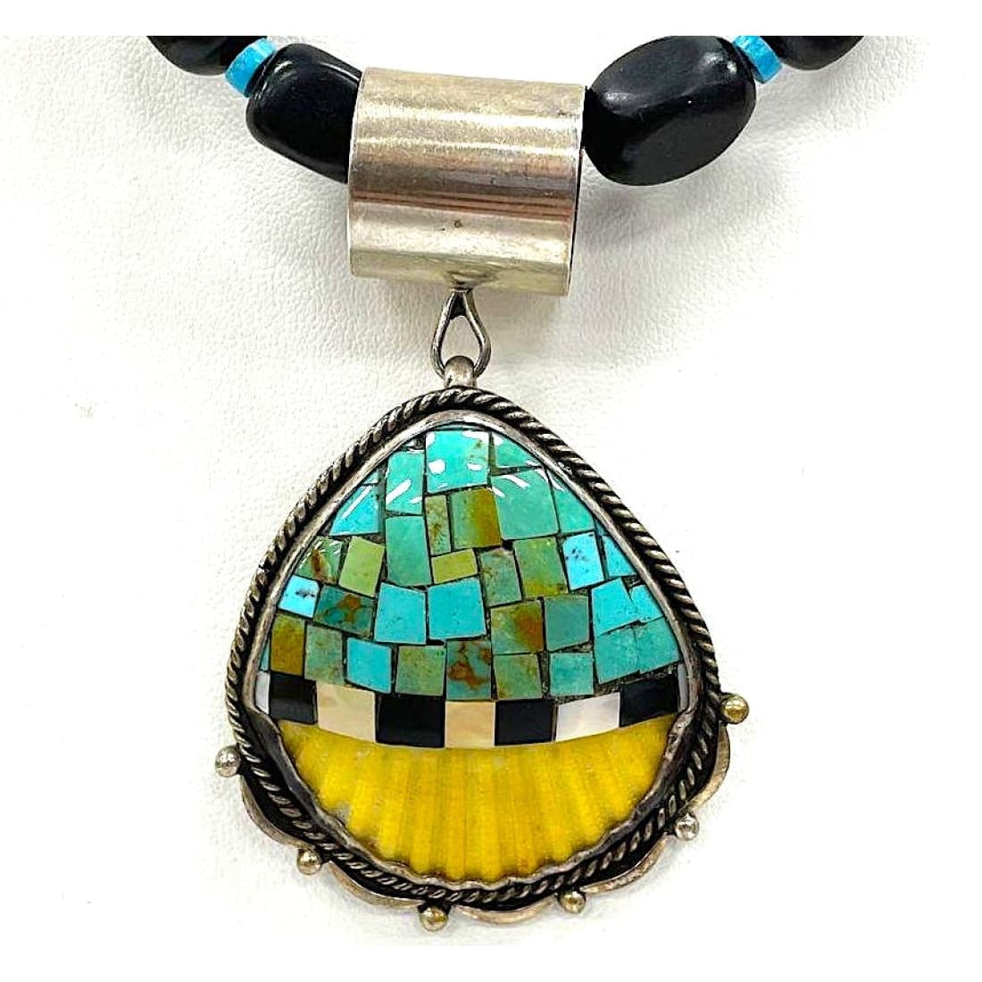 Joseph Tenorio Santo Domingo onyx necklace with turquoise, yellow shell, and black stone inlay pendant