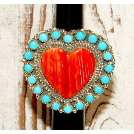 Massive Navajo Cluster Heart Ring Red Spiny & Turquoise