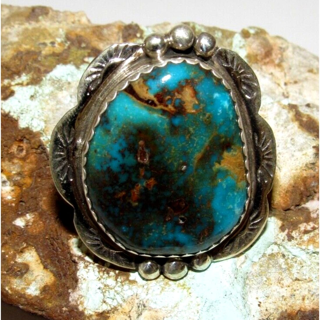 Massive Navajo Morenci Turquoise Ring Sz 9 Adjustable Adam