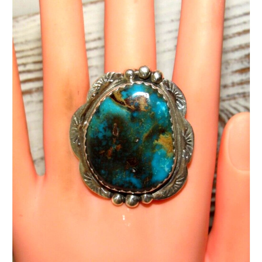 Massive Navajo Morenci Turquoise Ring Sz 9 Adjustable Adam