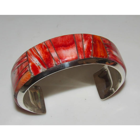 Massive Navajo Red Orange Spiny Inlay Cuff Bracelet