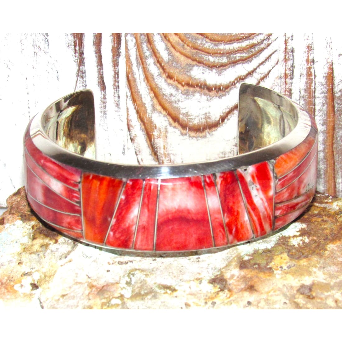 Massive Navajo Red Orange Spiny Inlay Cuff Bracelet