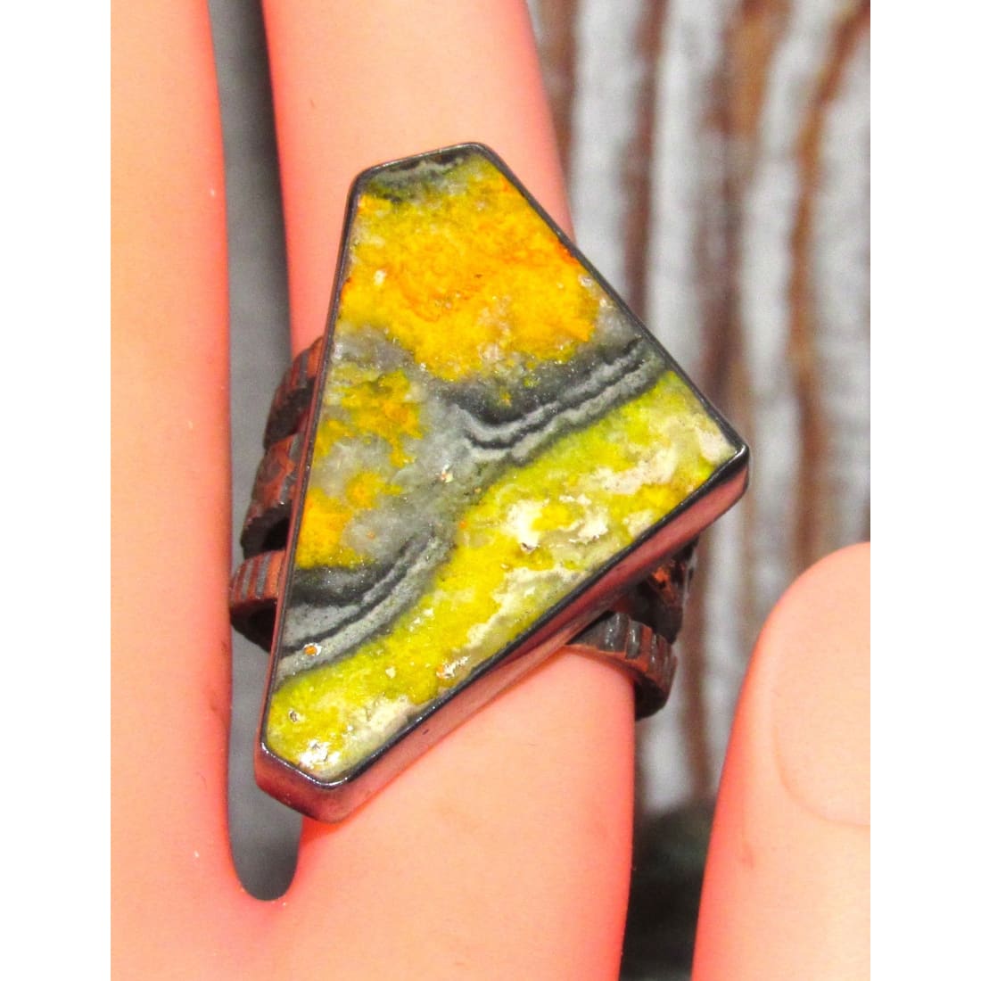 Native American Bumblebee Jasper Ring Sz 9 Signed Sterling