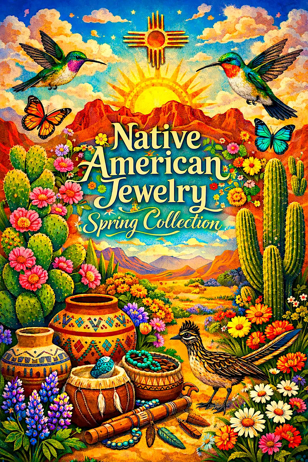 Native american jewelry spring collection poster featuring vibrant cacti, hummingbirds, and traditional pottery with intricate geometric patterns.