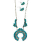 Native American Navajo turquoise squash blossom necklace with matching turquoise earrings in silver setting