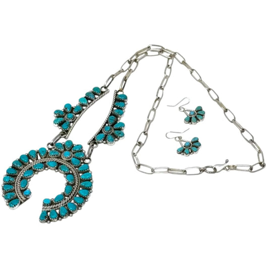 Native American Navajo turquoise squash blossom necklace with matching turquoise earrings set