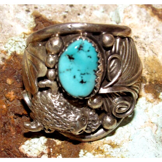 Navajo 3D Buffalo Ring Sz 10 Kingman Turquoise Sterling