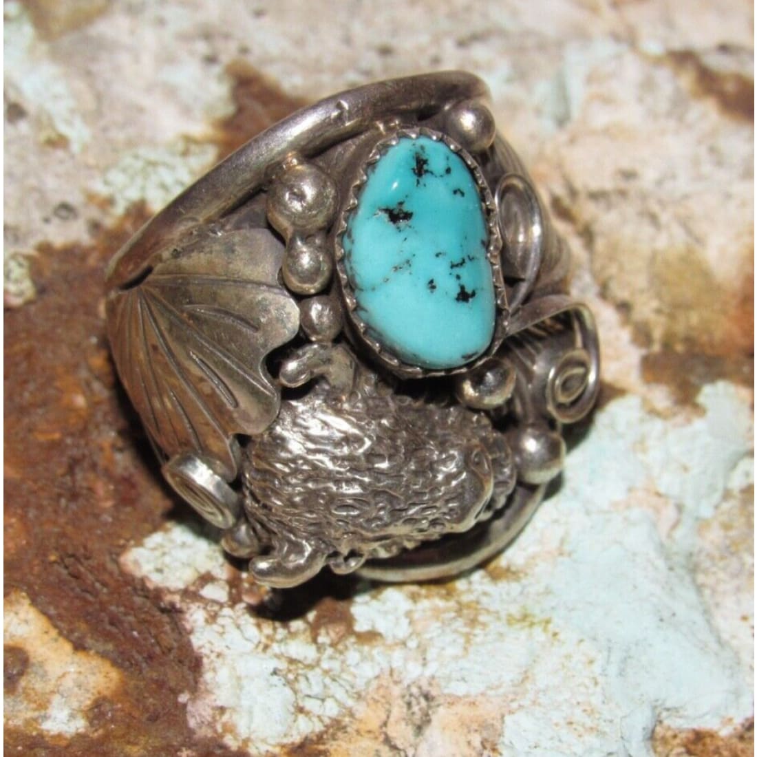 Navajo 3D Buffalo Ring Sz 10 Kingman Turquoise Sterling
