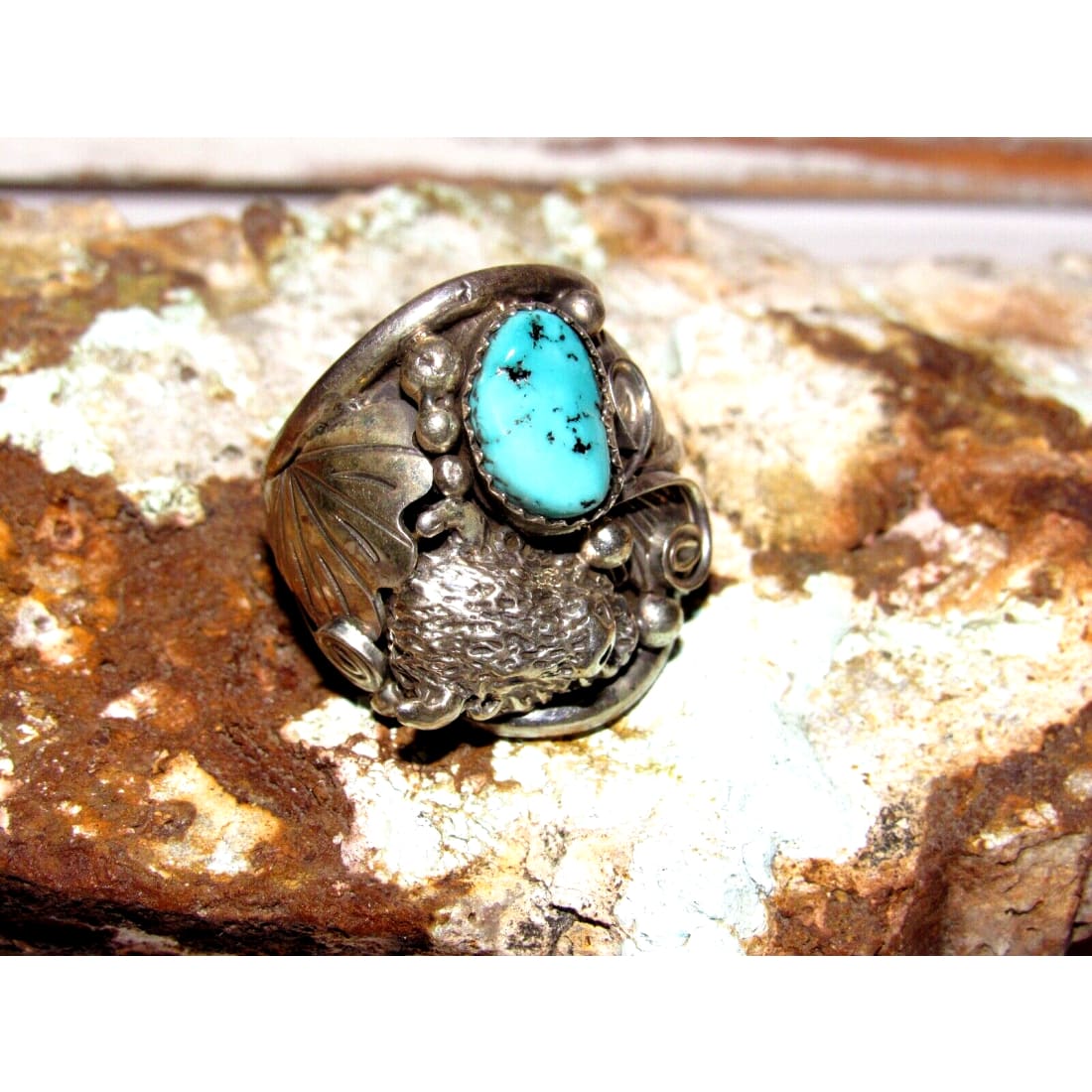 Navajo 3D Buffalo Ring Sz 10 Kingman Turquoise Sterling