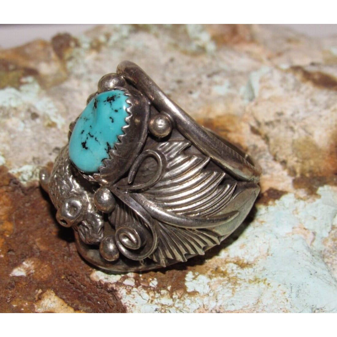 Navajo 3D Buffalo Ring Sz 10 Kingman Turquoise Sterling