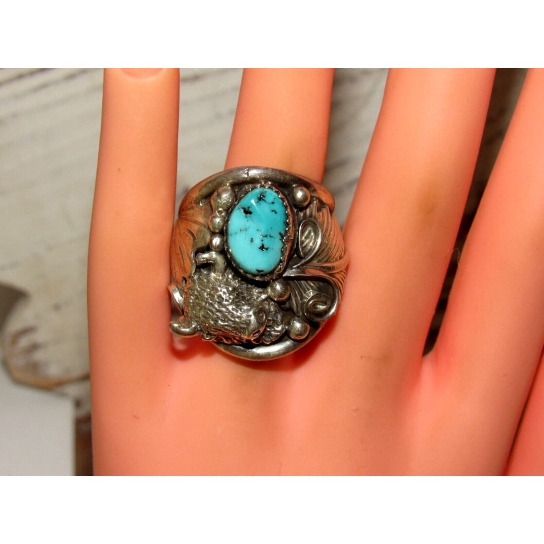 Navajo 3D Buffalo Ring Sz 10 Kingman Turquoise Sterling