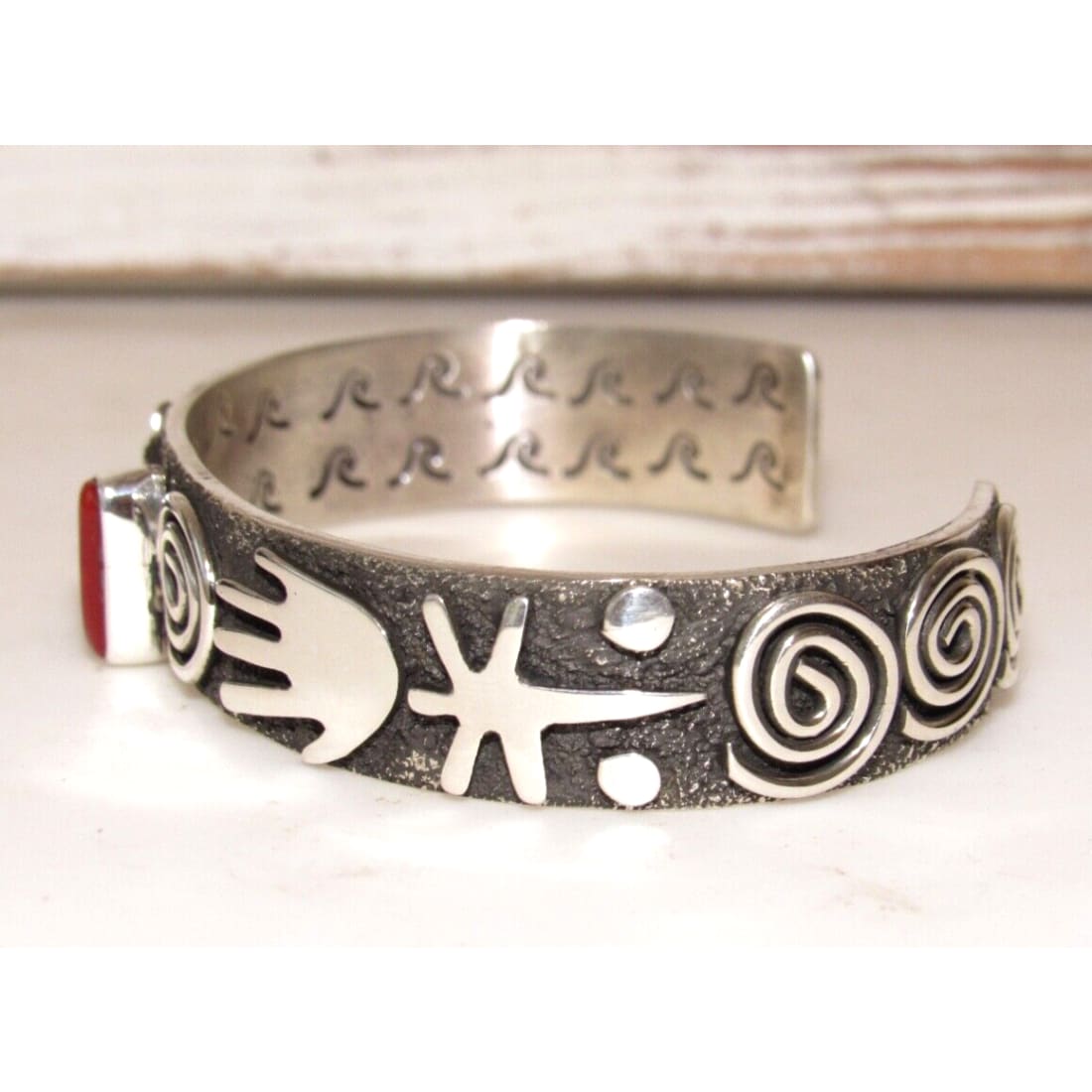 Navajo Alex Sanchez Petroglyphs Cuff Bracelet Coral