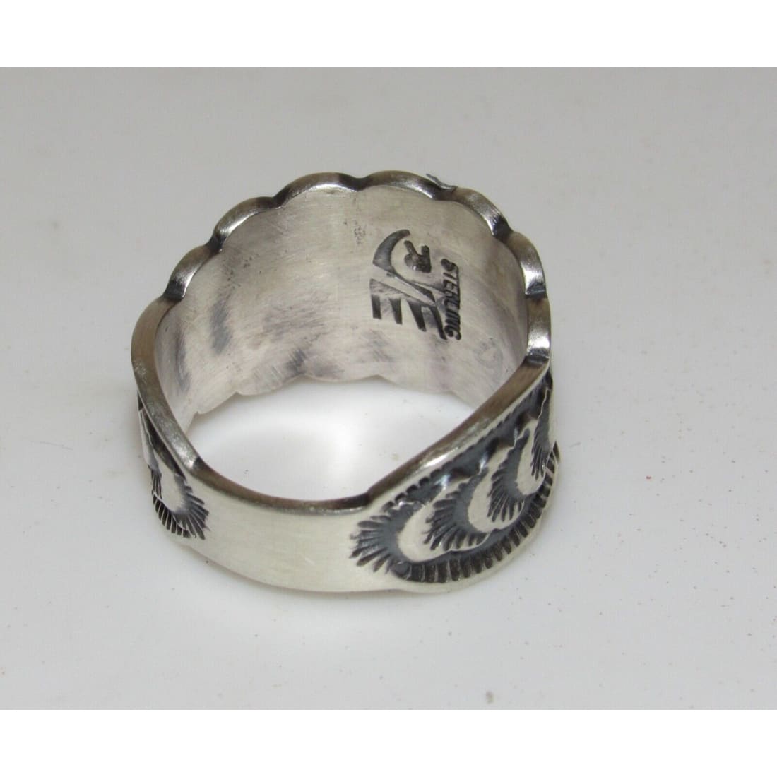 Navajo Band Ring Size 8 Sterling Silver Repousse Signed