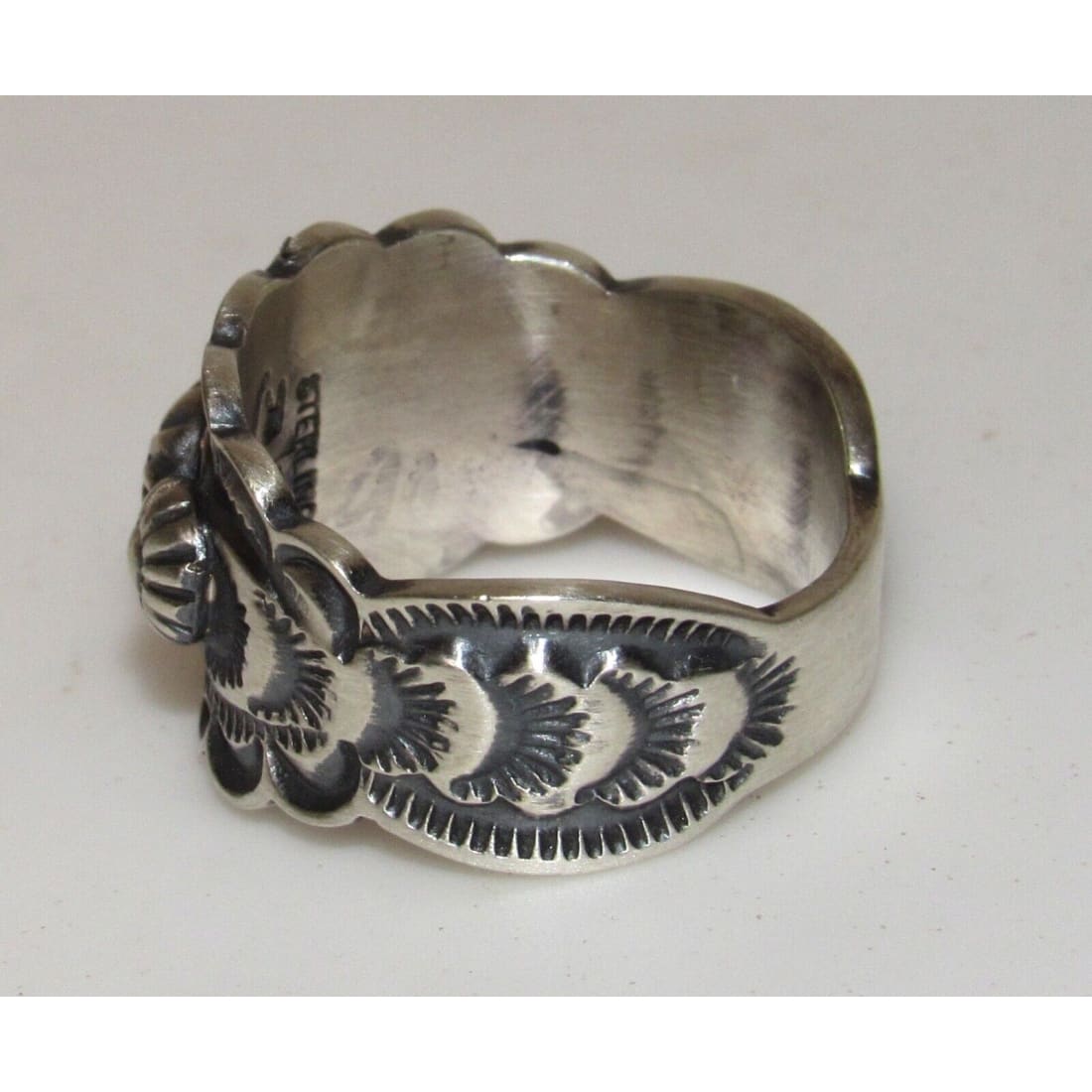 Navajo Band Ring Size 8 Sterling Silver Repousse Signed