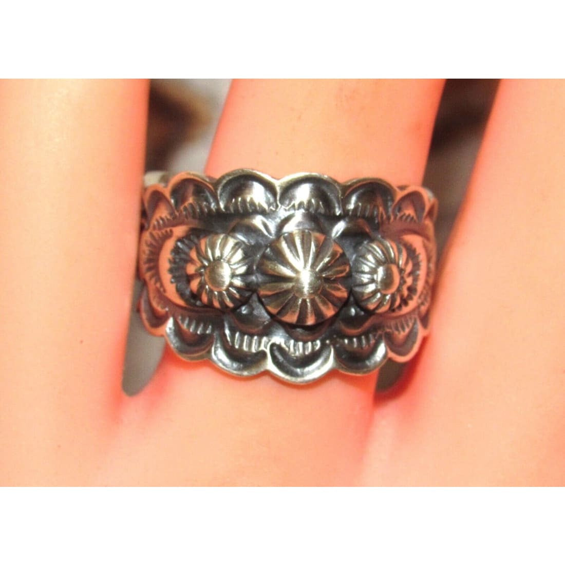 Navajo Band Ring Size 8 Sterling Silver Repousse Band Signed