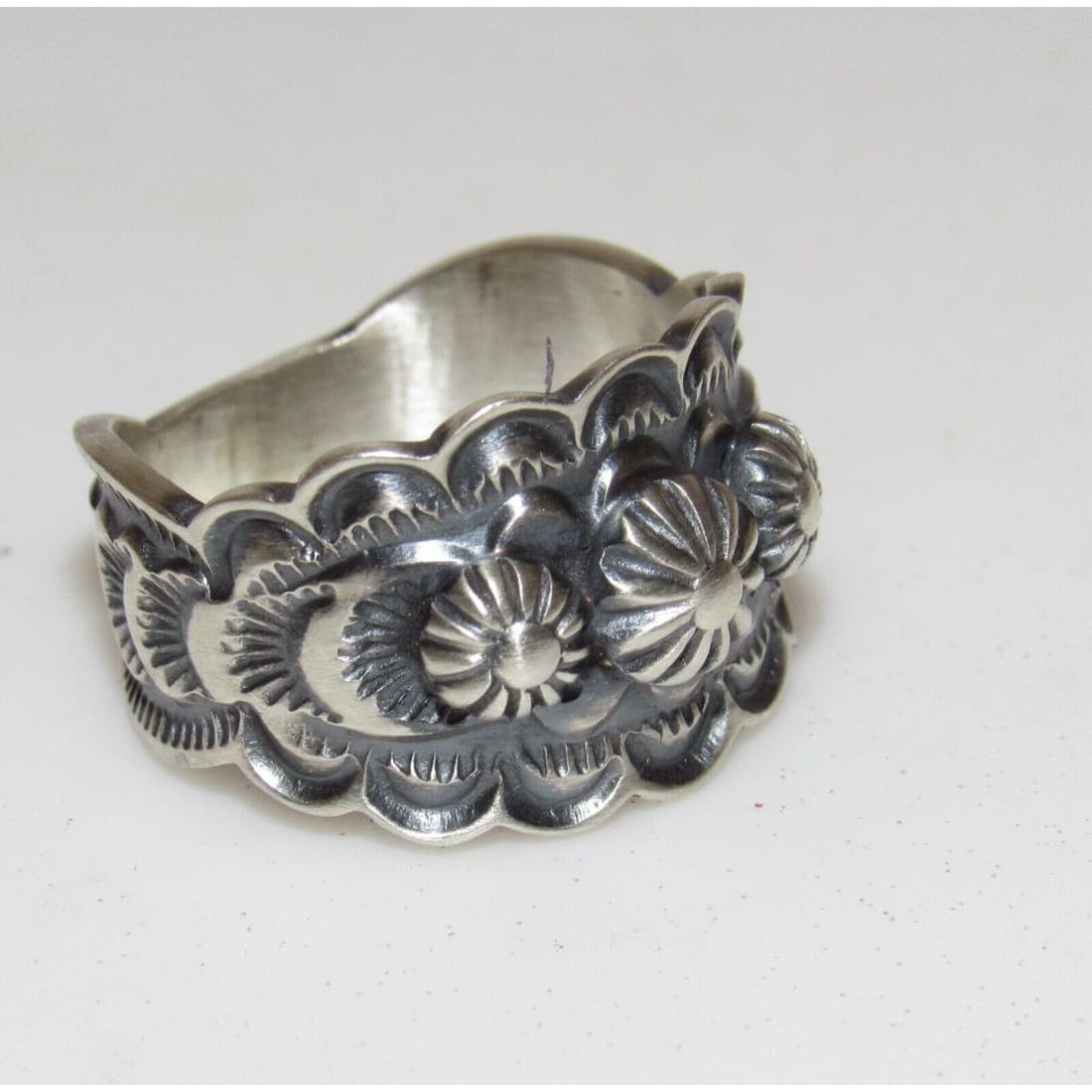 Navajo Band Ring Size 8 Sterling Silver Repousse Band Signed