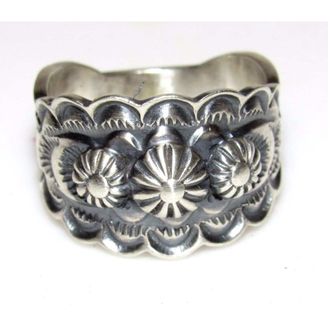Navajo Band Ring Size 8 Sterling Silver Repousse Band Signed