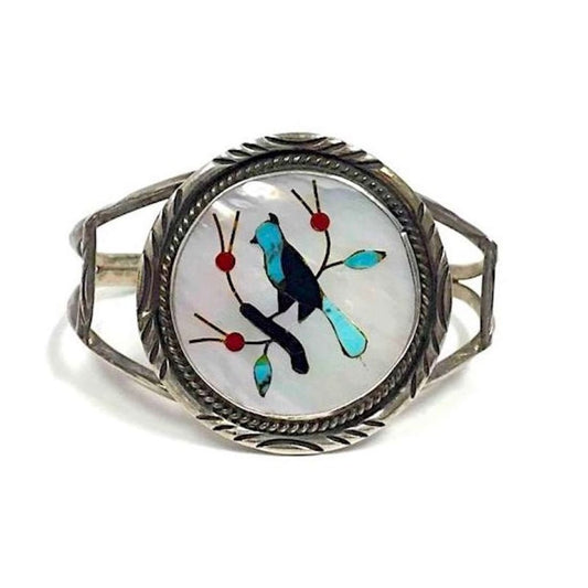 Navajo Benson Boyd Bracelet Blue Jay Inlay Sterling Silver Turquoise Mop Coral Jet Inlay Blue Jay Bird Cuff Bracelet by Benson Boyd Signed The Southwestern Style Gallery