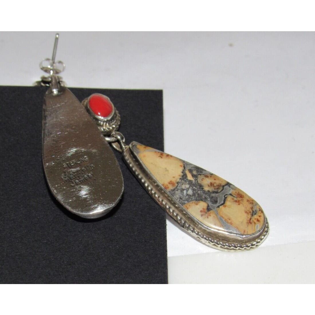 Navajo Bumblebee Jasper Coral Dangle Earrings Sterling