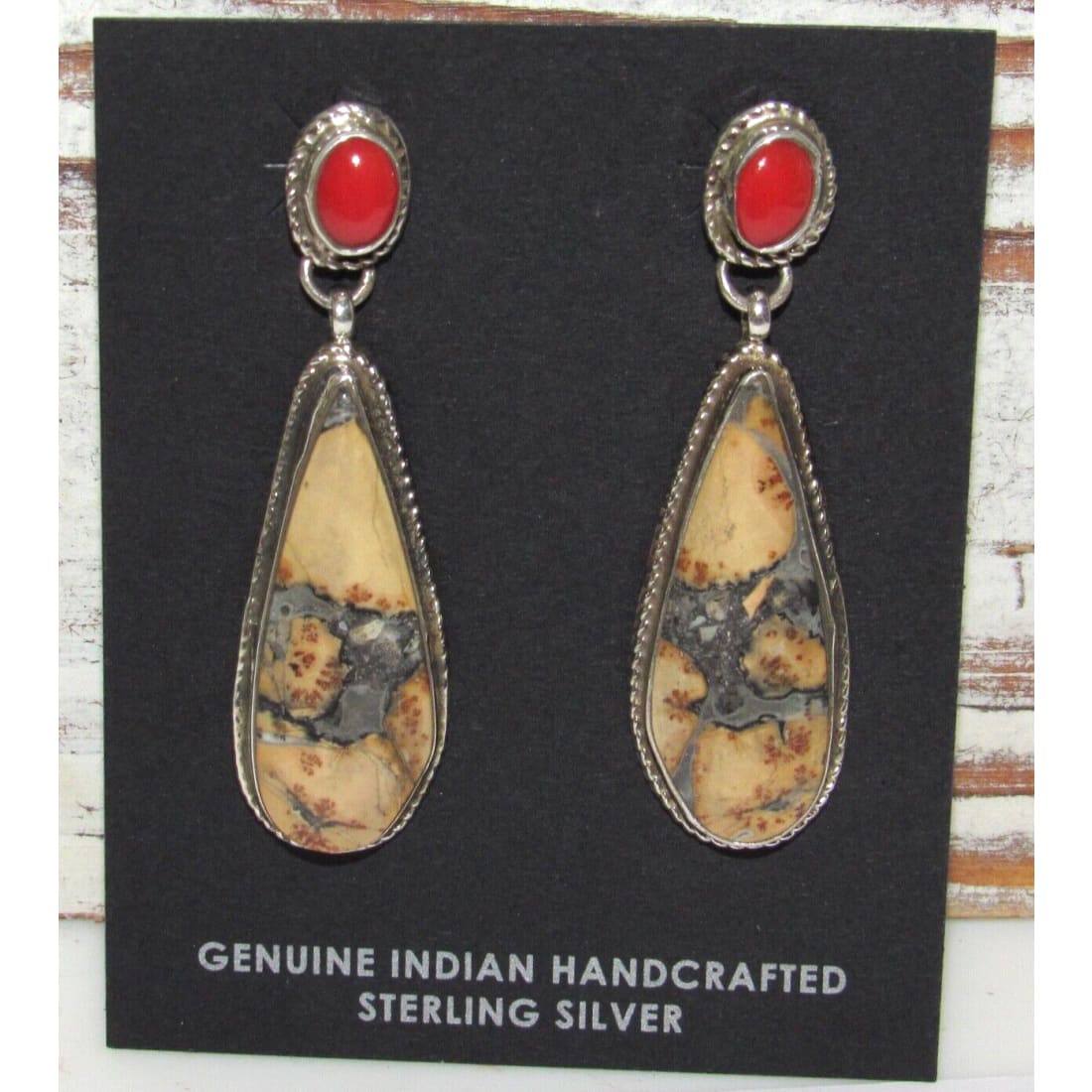 Navajo Bumblebee Jasper Coral Dangle Earrings Sterling