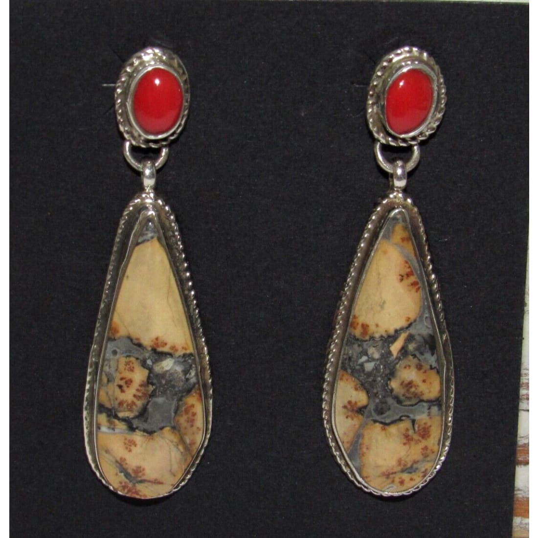Navajo Bumblebee Jasper Coral Dangle Earrings Sterling
